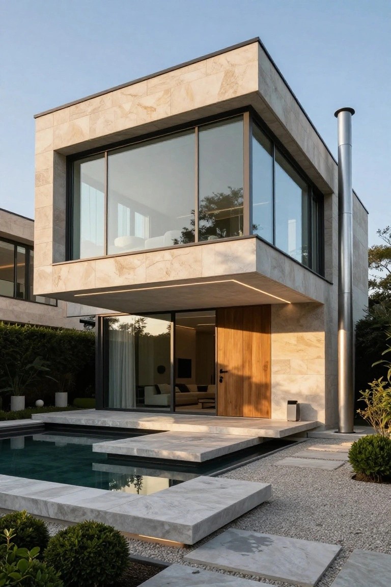Corner view of a modern luxury house with beige stone cladding, large corner glass windows, wooden entry door under overhanging upper level, adjacent rectangular pool with stone edging, gravel paths, and low hedges.