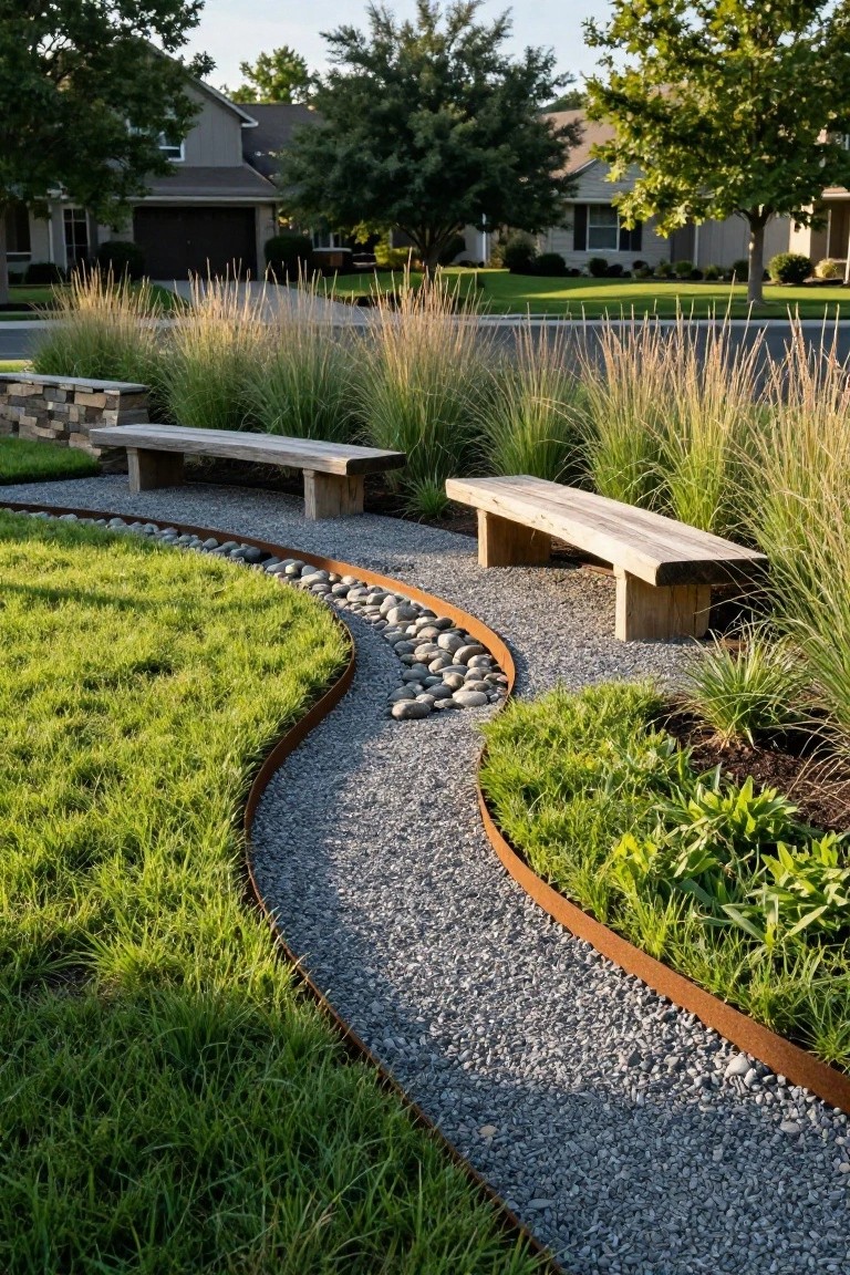 Curved gravel pathway with rusted steel edging, wooden benches nearby, ornamental grasses, and green lawn in a suburban yard setting.