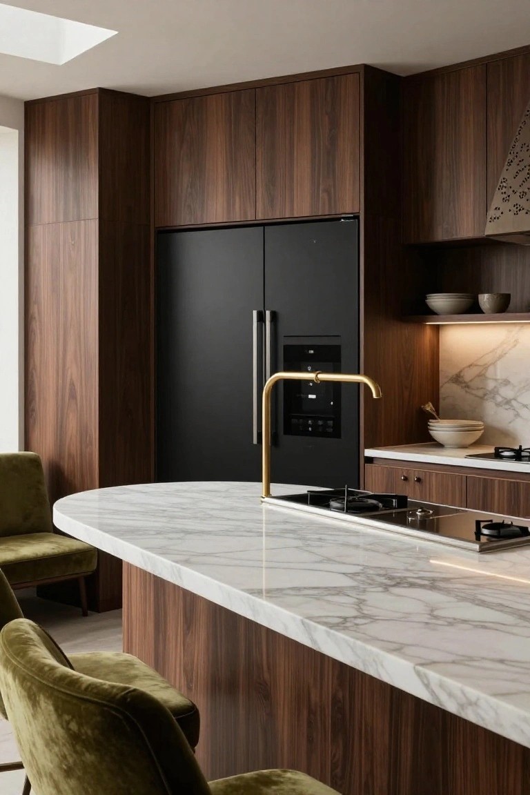 Modern kitchen with floor-to-ceiling dark wood cabinets, curved white marble island topped with brass faucet, green velvet stools, black refrigerator, and integrated gas cooktop.