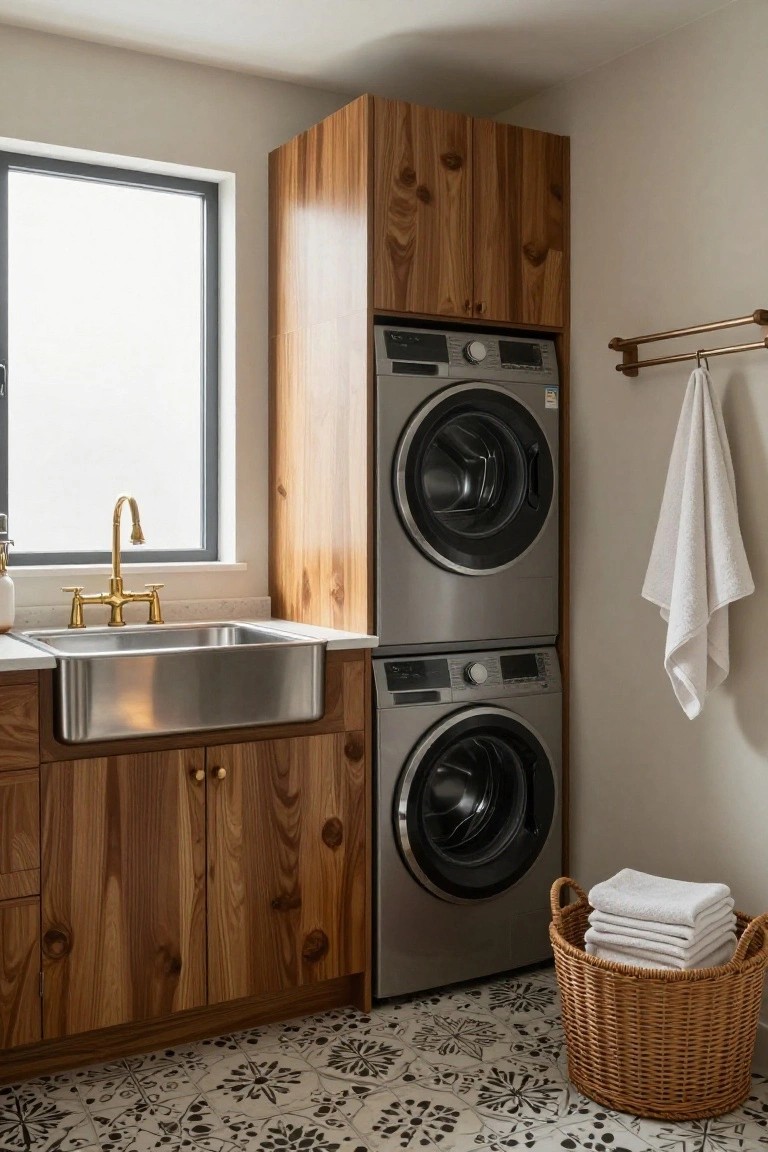 Tall walnut wood cabinets enclosing stacked silver washer and dryer next to a stainless steel farmhouse sink with brass faucet in a laundry room with white towels and patterned tile floor.