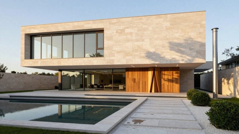 Corner view of a modern luxury house with beige stone cladding, large corner glass windows, wooden entry door under overhanging upper level, adjacent rectangular pool with stone edging, gravel paths, and low hedges.