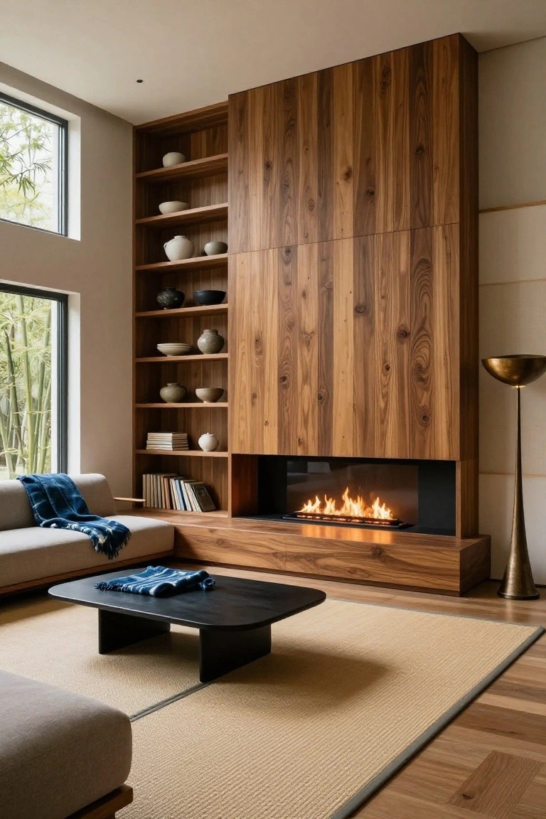 Modern living room with tall walnut wood cabinet wall featuring open shelves with ceramics and books, integrated linear gas fireplace, gray sofa with blue blanket, black rectangular coffee table, beige seagrass rug, and bamboo garden view through corner windows.