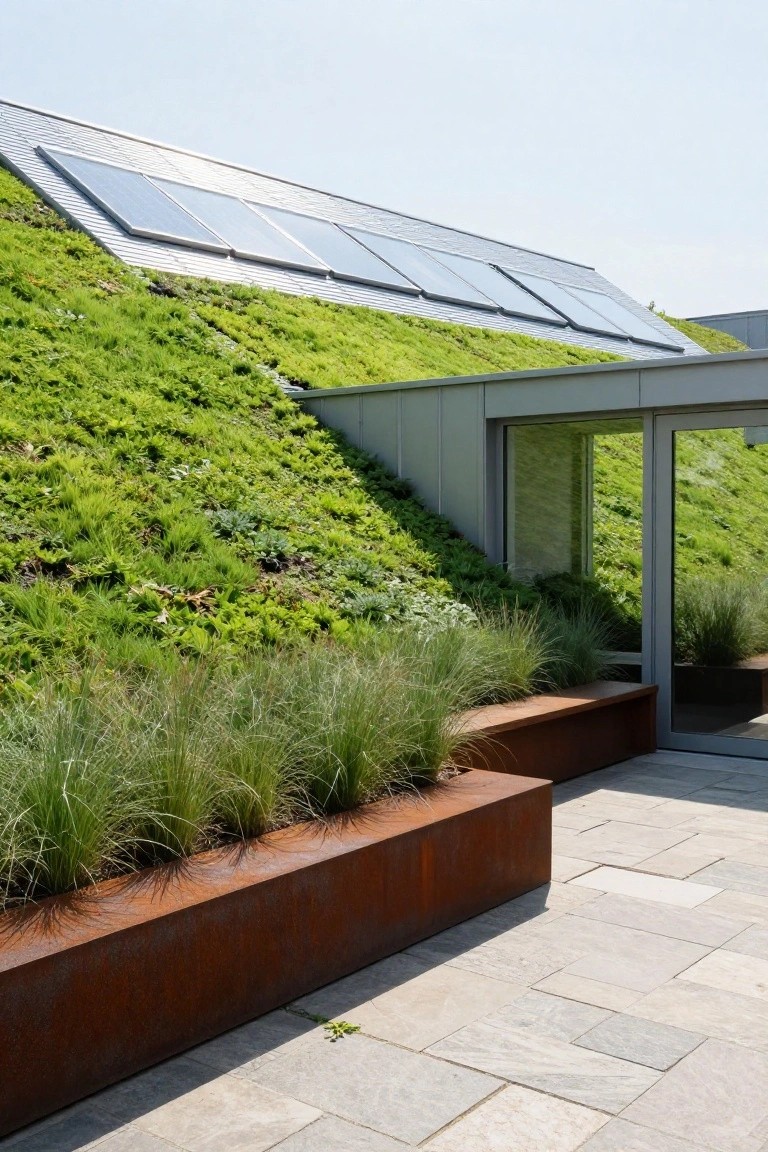 Modern house exterior featuring a sloped green roof with grass, plants, and integrated solar panels, a glass entrance with gray metal framing, corten steel planters filled with ornamental grasses, and a stone paver walkway.