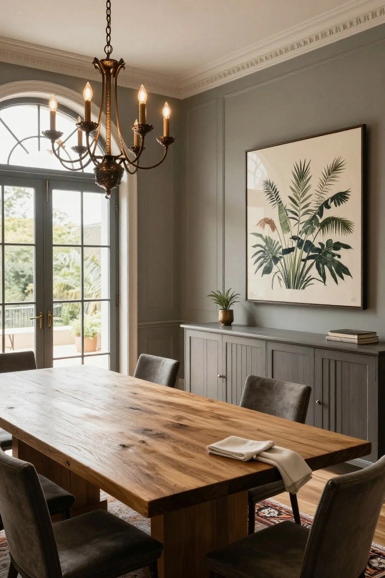 Dining room with rectangular live-edge oak table, six gray upholstered chairs, matching gray credenza topped with books and plant, large framed botanical artwork, brass five-arm chandelier, and French doors to balcony.