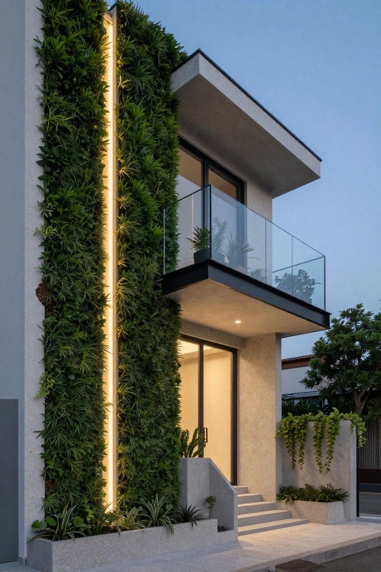 Modern two-story house exterior with tall vertical green wall on stucco facade, illuminated by slim vertical LED light strip, glass balcony, and entry stairs with planters.