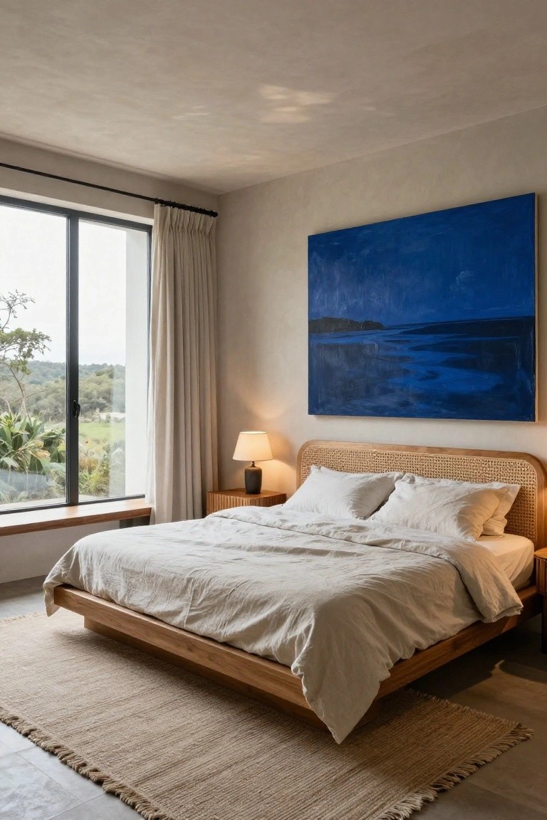 Minimalist bedroom with low wooden platform bed featuring rattan headboard, white linen bedding and pillows, wooden nightstand with black lamp, large blue abstract painting on wall, large window with beige curtains overlooking greenery, and seagrass rug on concrete floor.