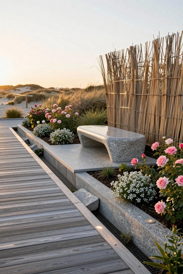 Wooden boardwalk path flanked by raised stone-edged planting beds with pink roses, white flowers, and grasses, featuring a curved gray granite bench and tall bamboo fencing against sand dunes.
