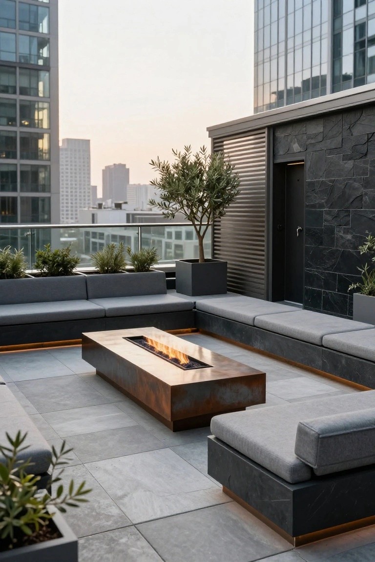 Modern rooftop terrace with L-shaped gray upholstered seating arranged around a rectangular copper-toned gas fire pit table, potted olive trees and plants, black stone wall, and city skyline view at dusk.