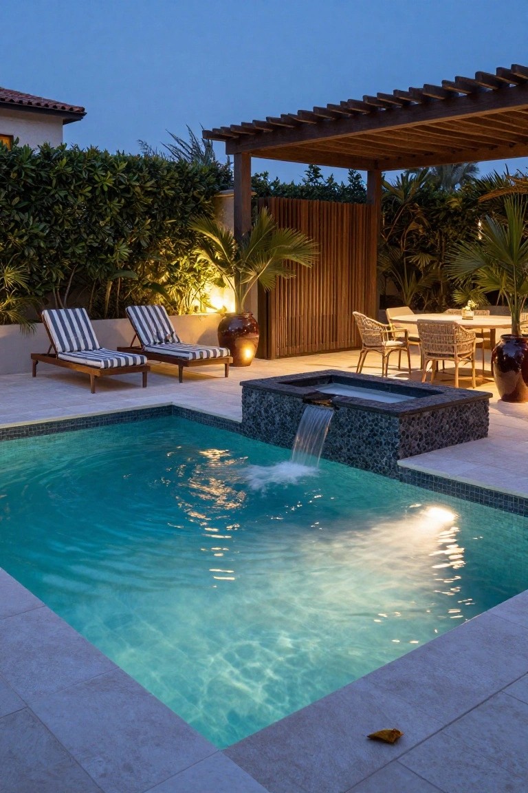 Small rectangular turquoise pool with black stone waterfall basin at one end, tiled decking, two striped loungers, wicker dining table under wooden pergola, potted plants, and tropical hedges at twilight.