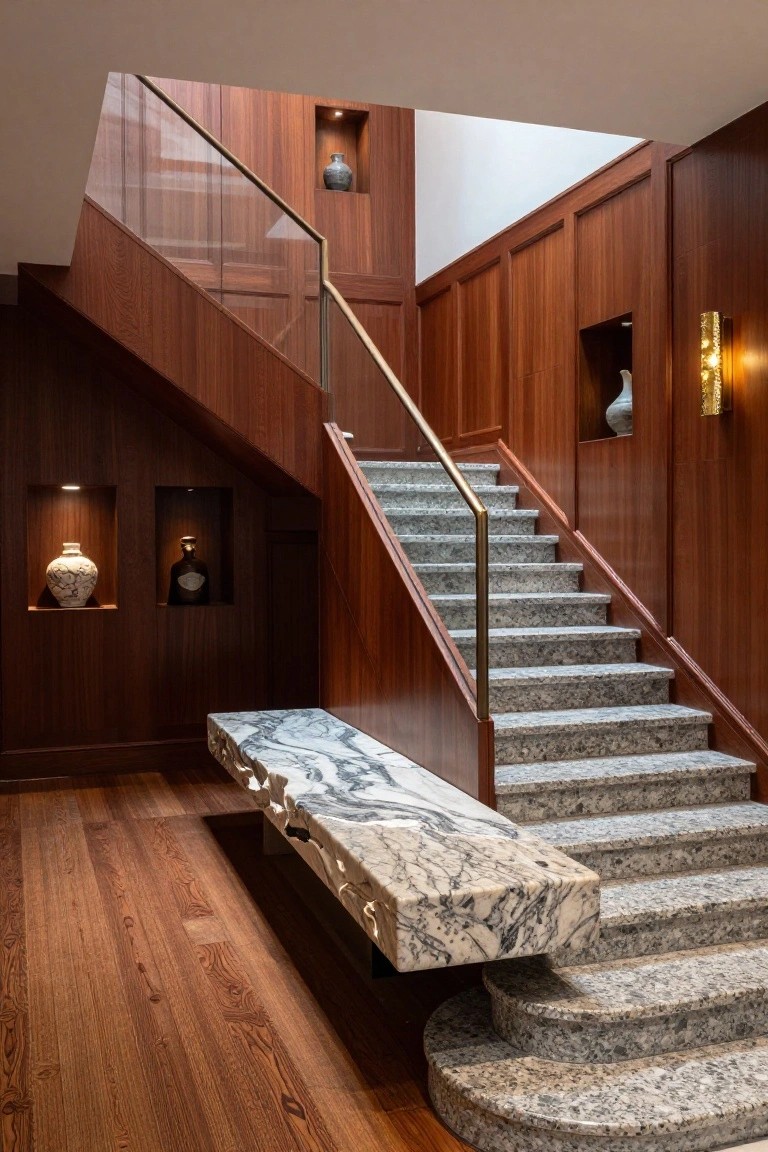 Wooden-paneled interior staircase with glass and brass railing, granite steps, marble bench at base, and illuminated wall niches holding vases.