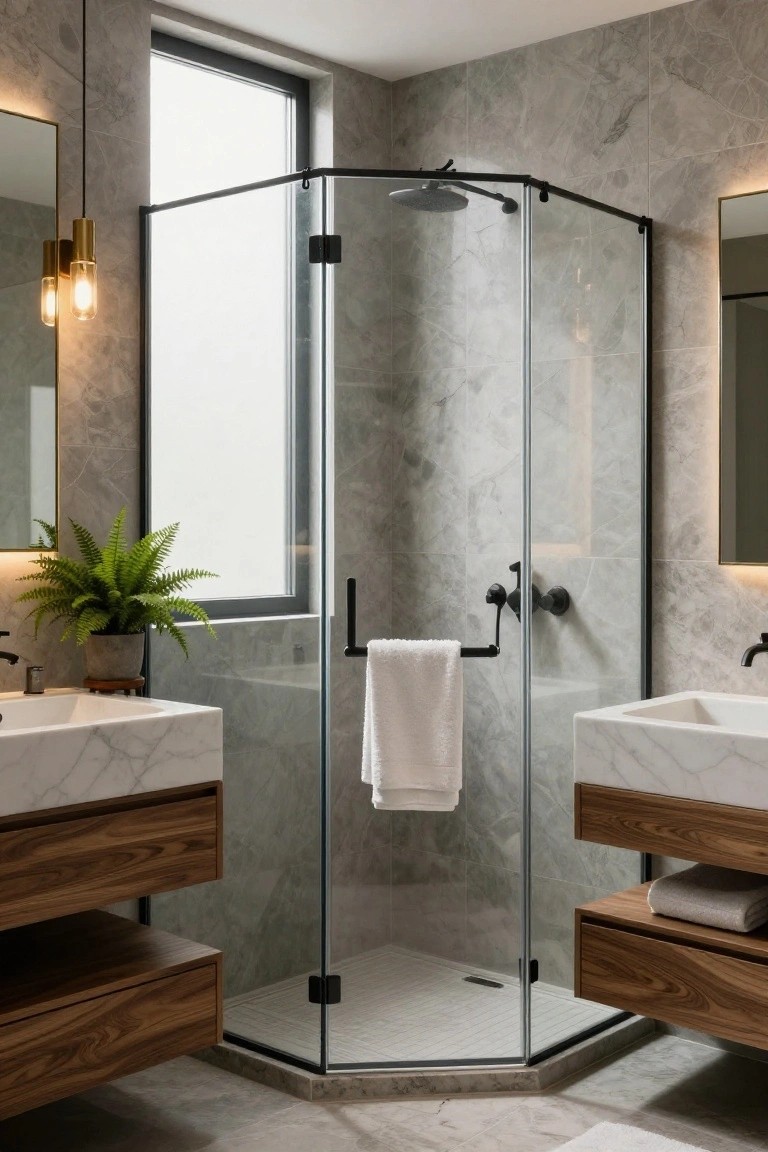 Modern bathroom with gray marble tiled walls and floor, dual white marble vanities supported by walnut wood cabinets and shelves, a corner frameless glass shower enclosure, hanging pendant lights, and a potted fern plant.