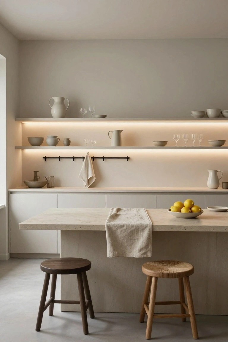 Modern kitchen interior with backlit floating shelves displaying white ceramics, glassware, and pitchers above white cabinets, a light stone table with wooden stools, and neutral walls.
