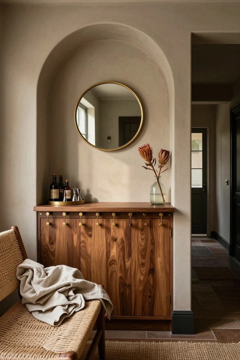 Arched beige wall niche with gold-framed round mirror above a wooden console shelf holding liquor bottles, cocktail shaker, and glass vase with orange protea flowers, brass hooks on the shelf edge, rattan chair with linen throw nearby, seagrass rug on terracotta floor.