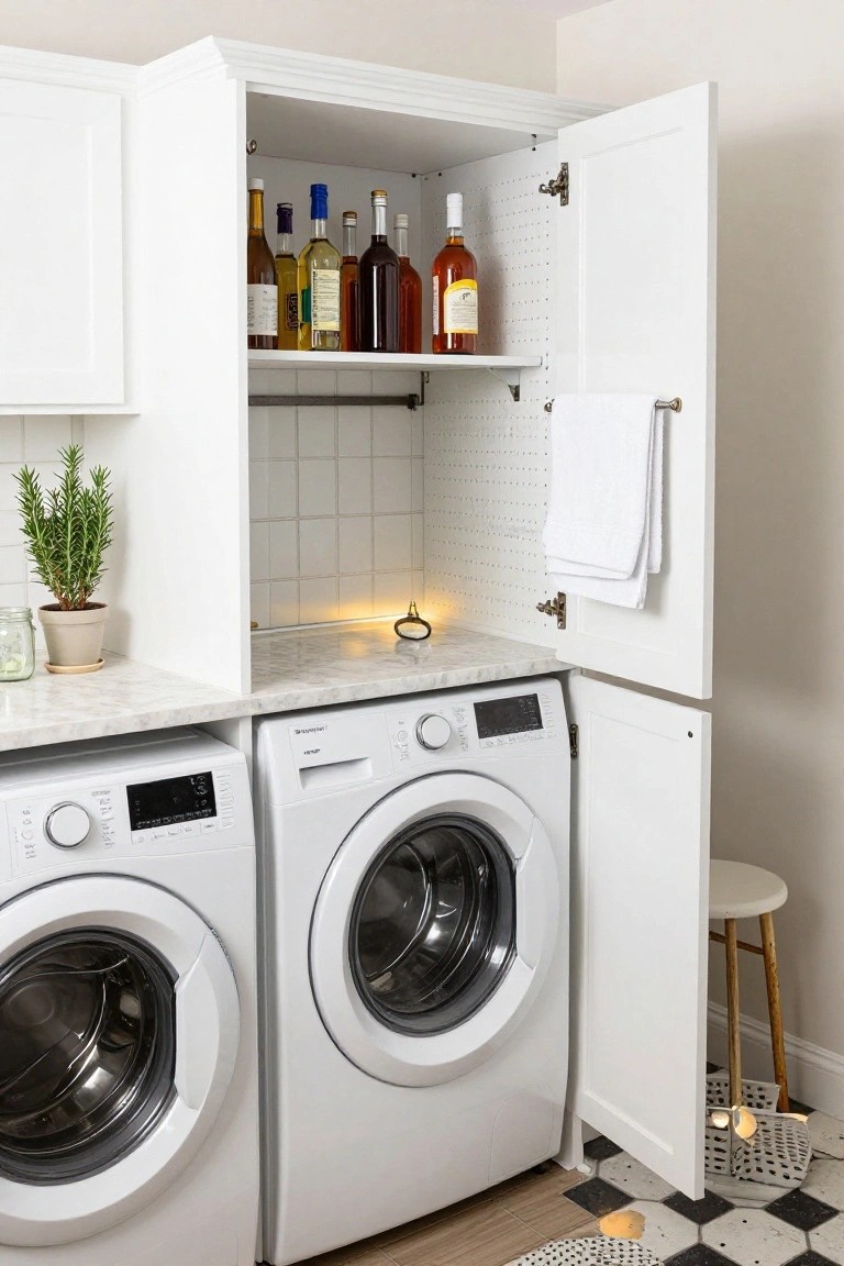 Open white cabinets above two white front-loading washing machines display assorted wine and liquor bottles on shelves, with a potted rosemary plant, towel, and countertop in a tiled laundry room.