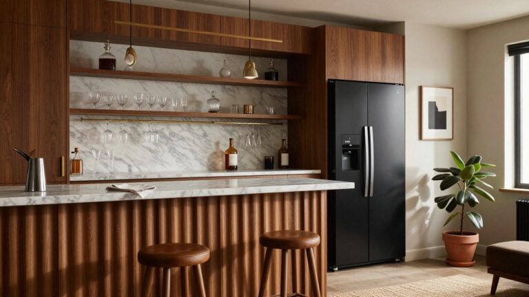 Modern indoor home bar featuring floor-to-ceiling walnut wood paneling, white marble countertop and backsplash, brass hanging wine glass rack, open shelves with liquor bottles, wooden bar stools, and a small potted plant nearby.