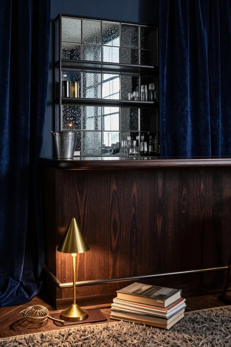 Dark wood bar counter with black metal-framed shelving unit featuring textured mirrored glass panels displaying bar glasses and bottles, blue velvet curtains on one side, gold conical lamp and stacked books on the floor nearby.