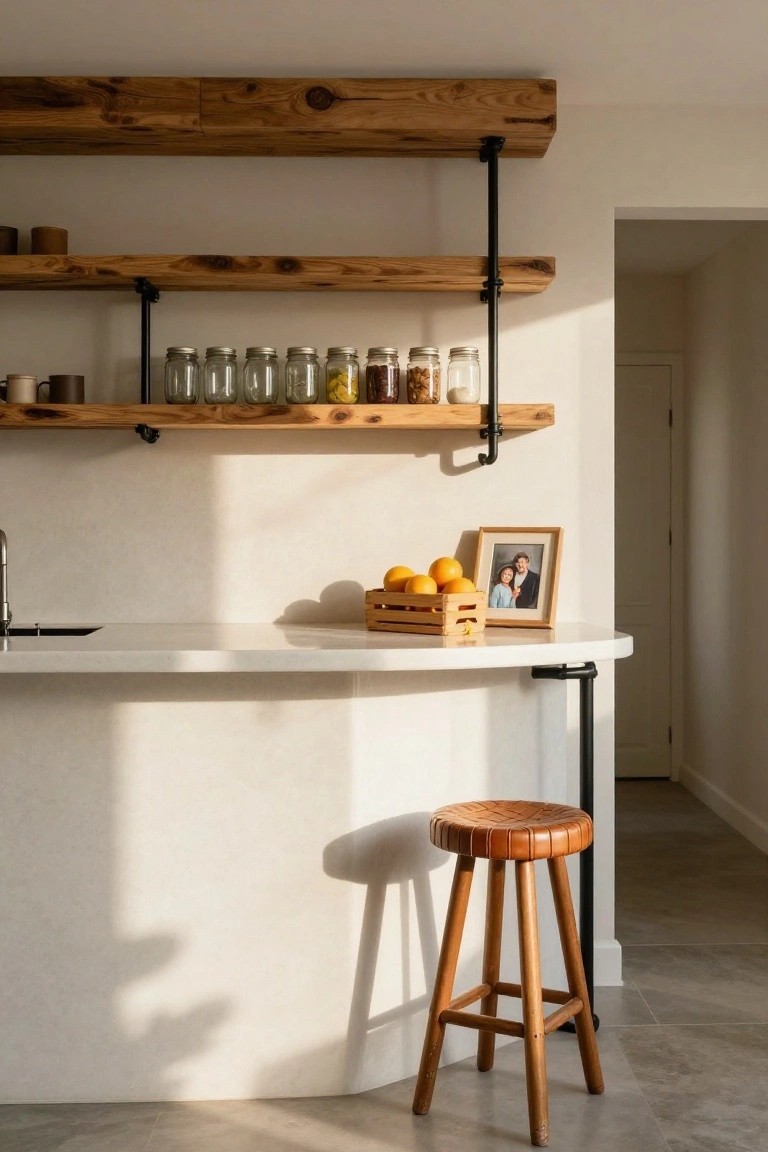 Kitchen bar area featuring a curved white quartz countertop with sink, basket of oranges and photo frame on top, woven leather stool nearby, and upper wooden shelves supported by black pipe brackets holding glass jars and ceramic mugs.