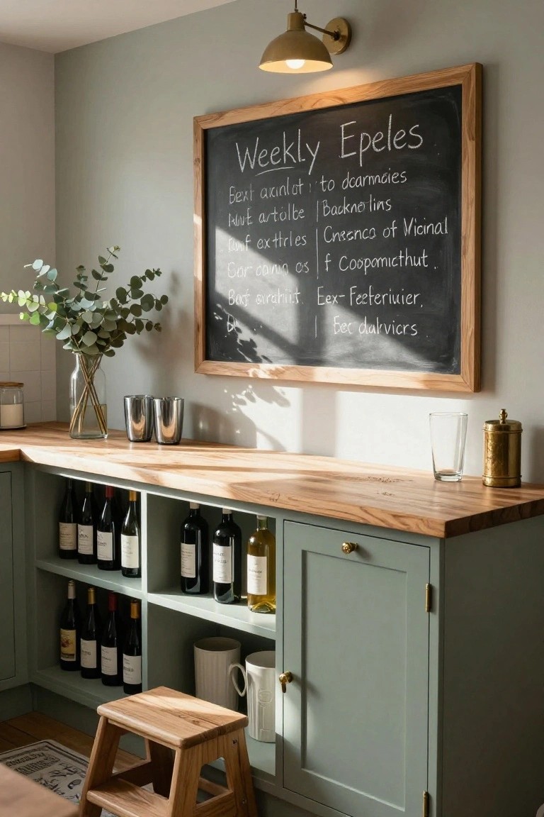 Sage green kitchen cabinets with open wine racks holding multiple bottles, wooden countertop with two tumblers, clear glass, brass jar, and vase of eucalyptus, plus a wooden-framed chalkboard on the wall listing weekly wine specials.