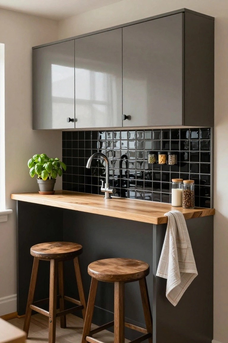 Compact kitchen bar wall with tall gray cabinets, glossy black subway tile backsplash, oak wood countertop featuring sink and accessories, potted basil plant, glass jars, and two wooden bar stools.