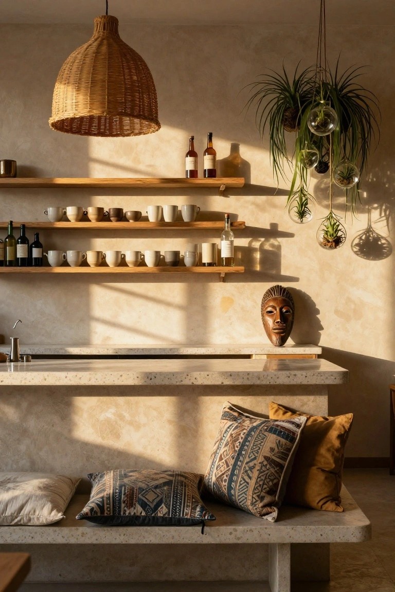 Indoor kitchen bar area with two levels of wooden open shelves displaying white ceramic mugs, assorted wine bottles, and candles against a beige textured wall, wooden mask sculpture on the counter, hanging plants in glass orbs, terrazzo sink counter and bench with patterned cushions, and woven pendant light overhead.