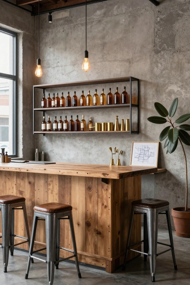 Modern indoor bar with wooden countertop, four metal stools with leather seats, open black metal shelves holding various glass bottles against a textured gray concrete wall, potted plant and hanging bulbs nearby.