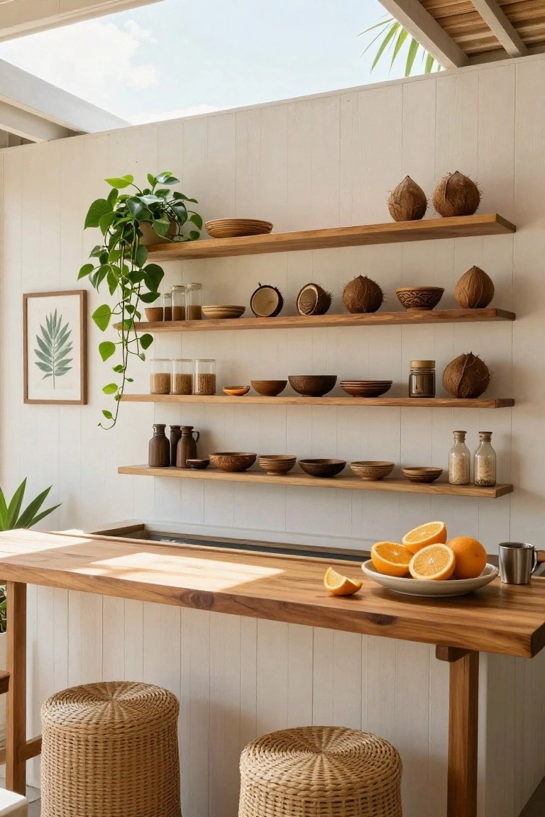 White shiplap wall with four rows of floating wooden shelves displaying pottery bowls, jars, coconuts, and plants, above a wooden bar counter holding sliced oranges on a plate and two rattan stools.