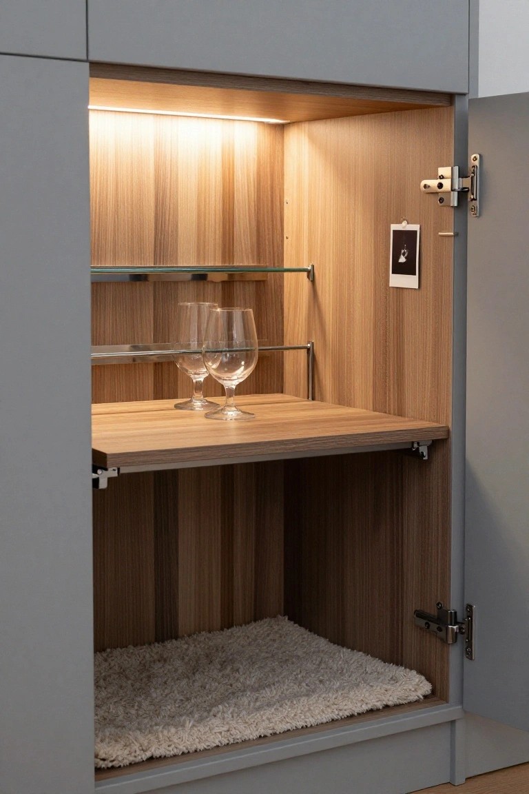 Open gray recessed cabinet with light wood veneer interior, top LED strip lighting, glass shelf holding two stemmed wine glasses, pull-out wooden serving tray, and beige shag rug at the bottom against a wood floor.