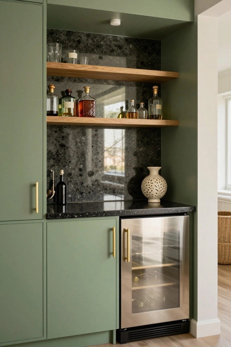 Sage green cabinets form a built-in bar wall with black granite countertop and backsplash, oak floating shelves holding liquor bottles and glassware, a stainless steel wine cooler underneath, and a white dotted vase on the counter.