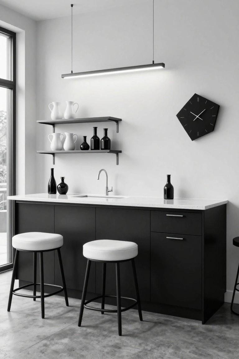 Black lower cabinet kitchen island bar with white quartz countertop and integrated sink, flanked by two white upholstered bar stools on black legs, open wall shelves holding white pitchers and black bottles, hexagonal black wall clock, and slim linear ceiling light in a white interior room with large window.