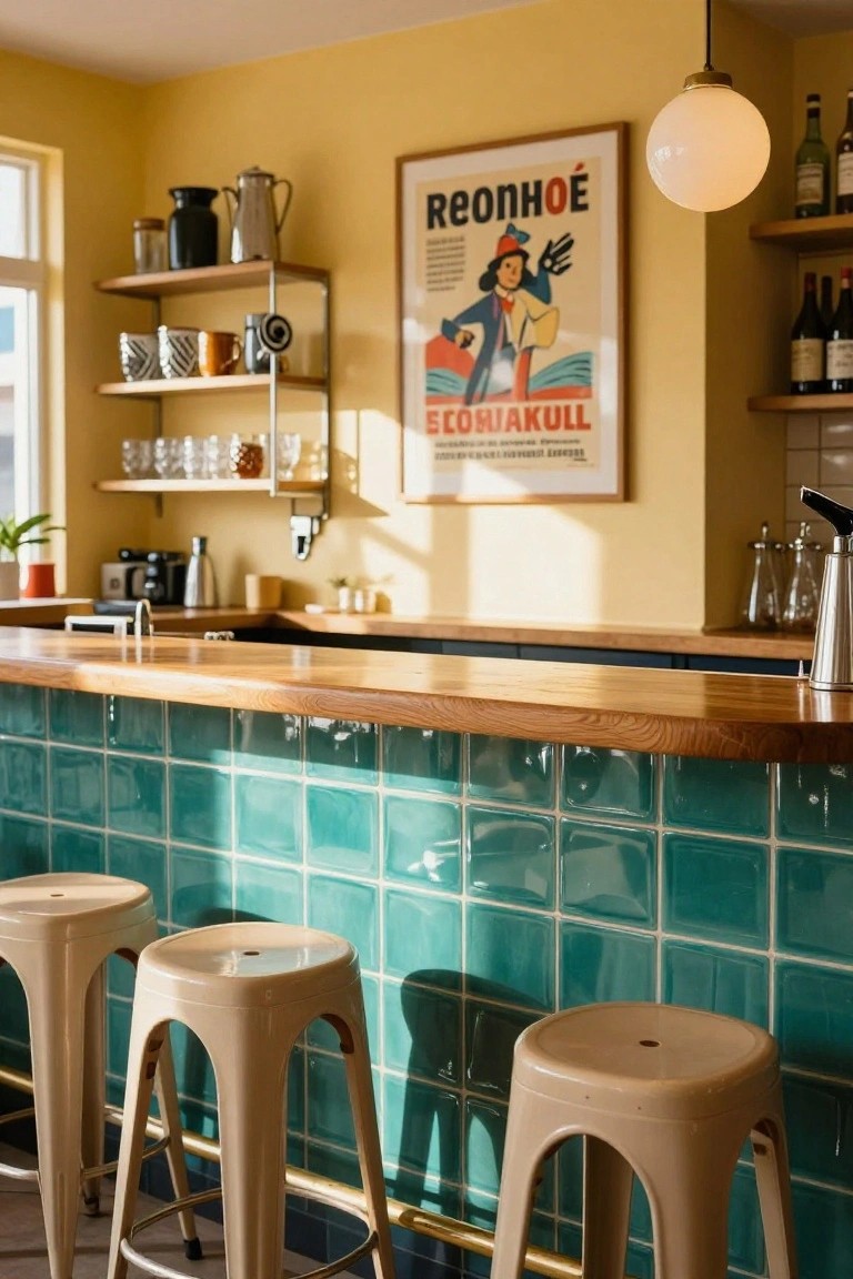 Home bar area with wooden countertop over glossy teal tiled wall, yellow walls with shelves holding glassware and a vintage poster, and beige stools in front.