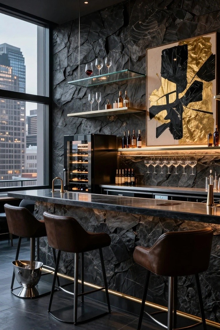 Modern high-rise bar area with black textured stone walls, floating glass shelves holding wine glasses and bottles, black wine fridge, marble countertop with gold faucet, brown leather bar stools, ice bucket, and city skyline through large windows.