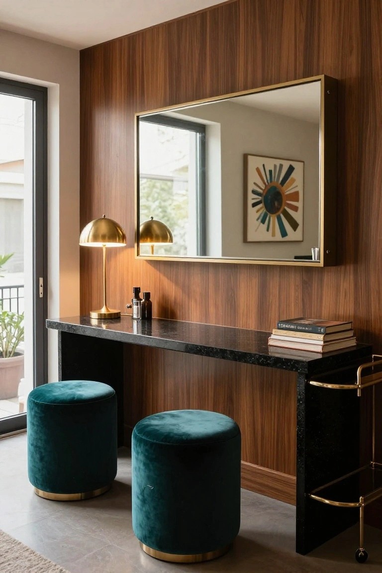 Wood-paneled interior wall with large gold-framed mirror above black granite console table holding books and bottles, flanked by two turquoise velvet poufs, gold lamps, and gold bar cart next to glass door.