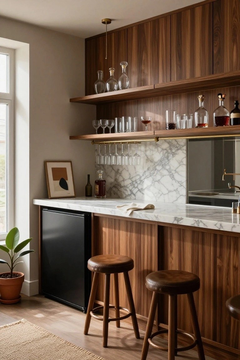 Modern indoor home bar featuring floor-to-ceiling walnut wood paneling, white marble countertop and backsplash, brass hanging wine glass rack, open shelves with liquor bottles, wooden bar stools, and a small potted plant nearby.