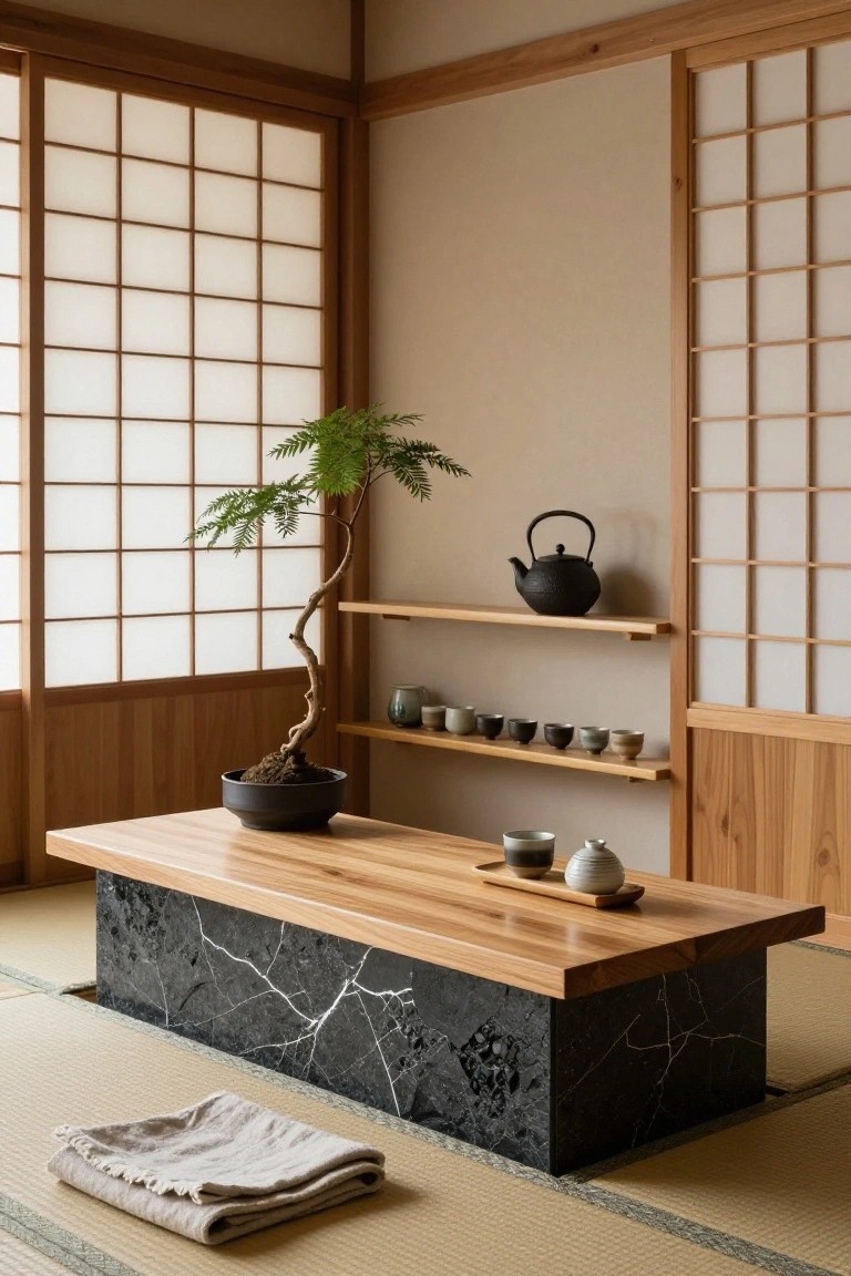 Japanese-style interior room with light wooden shelves on a wall holding a black teapot and ceramic cups, bonsai tree on a low wooden table below, tatami mats on the floor, and shoji screens.