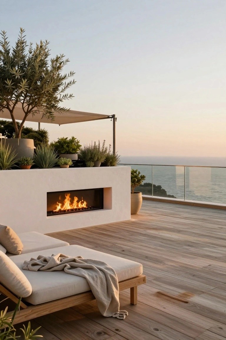 Rooftop terrace with a built-in linear gas fireplace in a white wall, wooden decking, beige lounge chairs with throw, potted plants including olive trees and succulents, glass railing, and ocean view at sunset.