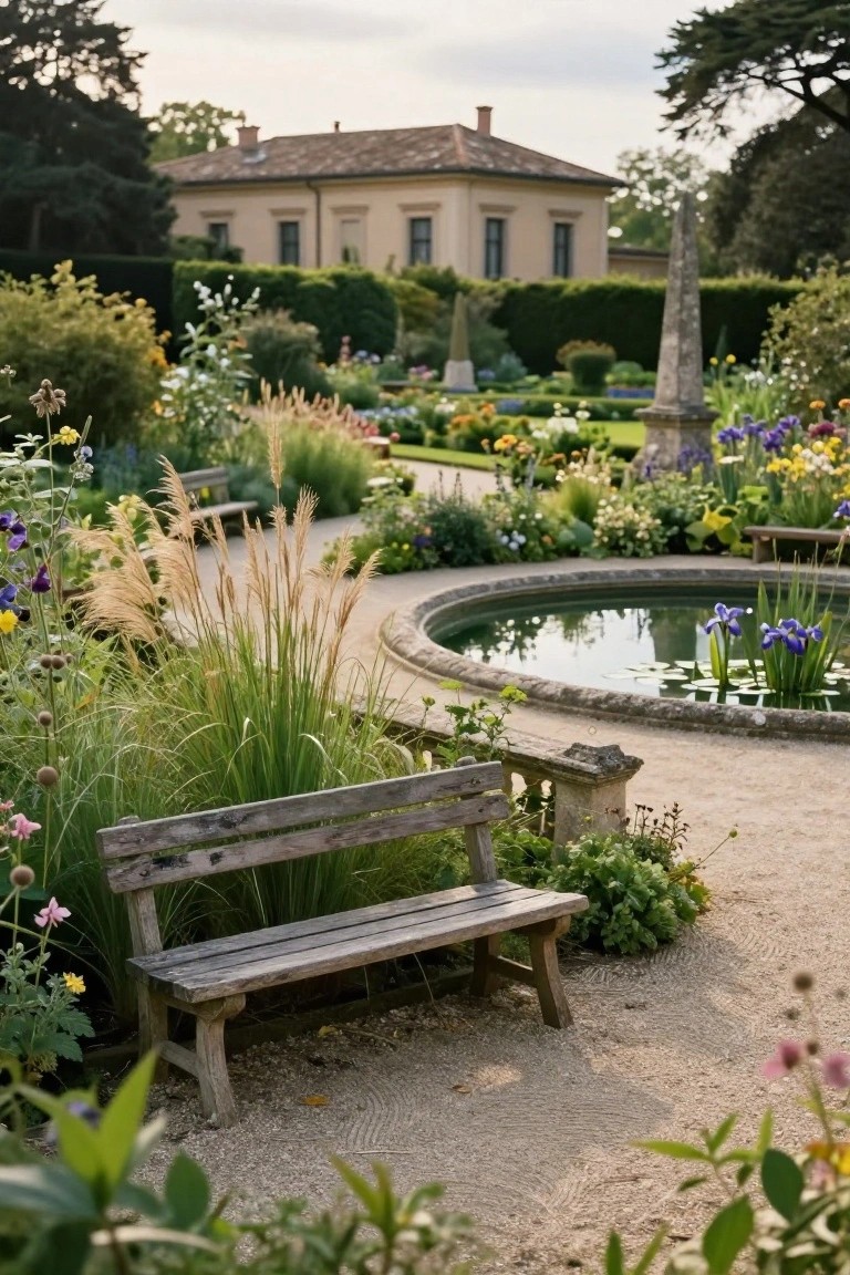Rustic wooden bench beside tall ornamental grasses and flowers next to a circular stone pool with lily pads and irises in a formal garden with hedges and a distant villa house.