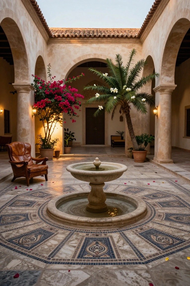 Beige stucco courtyard with arched colonnades, central stone fountain on circular mosaic tile floor, surrounded by potted palm trees, pink bougainvillea, and a leather armchair.