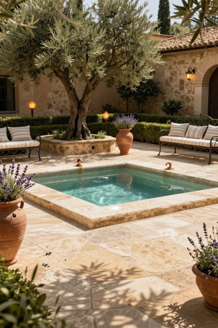 A small square turquoise pool set into a beige stone patio in a walled courtyard with a large olive tree, terracotta pots of lavender, wrought iron benches with striped cushions, boxwood hedges, and wall lanterns.