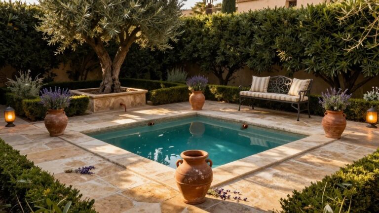 A small square turquoise pool set into a beige stone patio in a walled courtyard with a large olive tree, terracotta pots of lavender, wrought iron benches with striped cushions, boxwood hedges, and wall lanterns.
