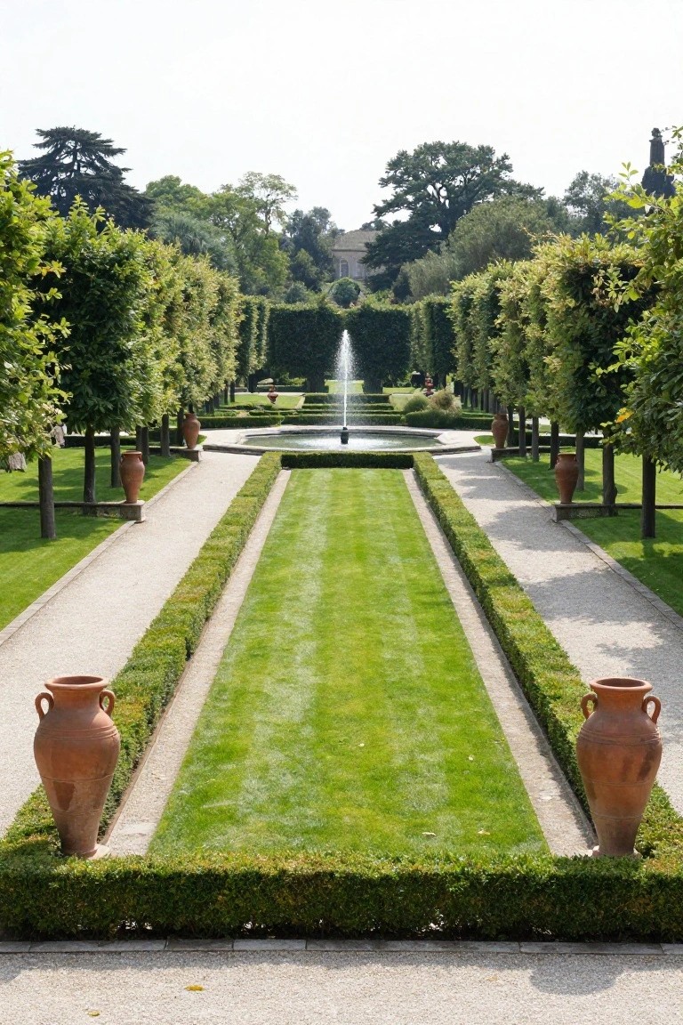 Formal symmetrical garden with central gravel pathway flanked by manicured boxwood hedges and lawns leading to a circular fountain, accented by terracotta urns and tall trees.