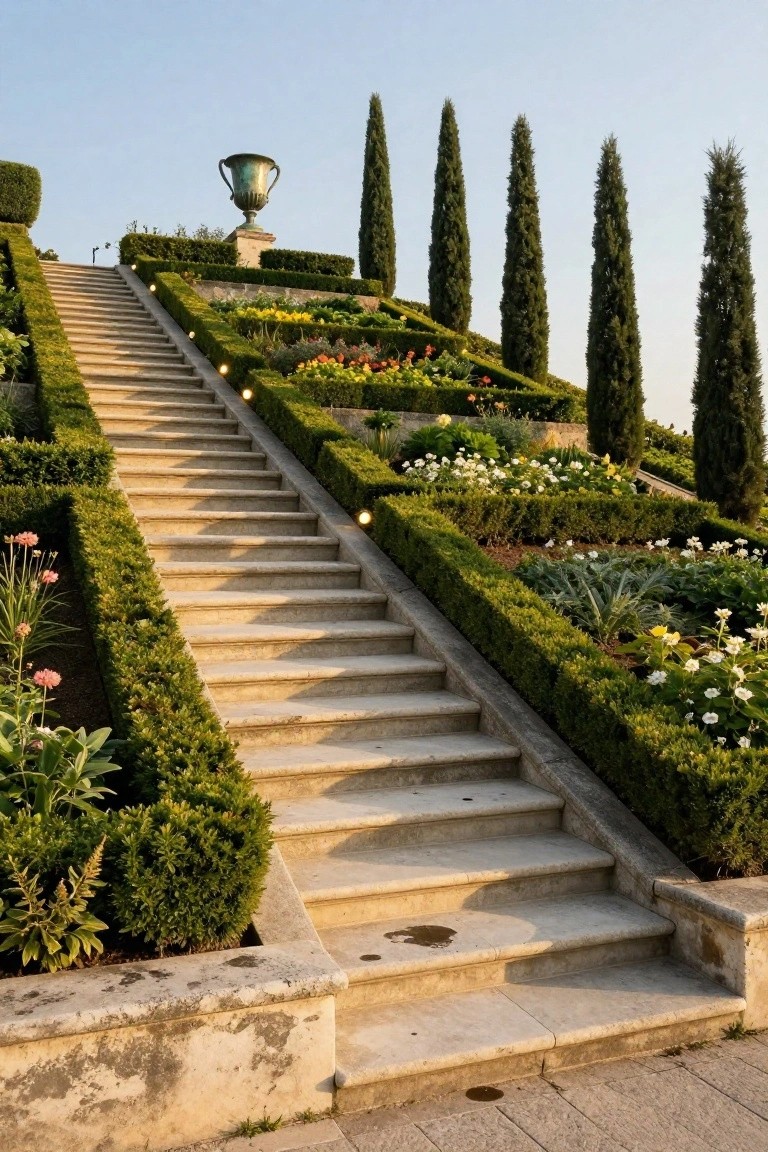 Wide stone staircase ascending through multiple terraced garden beds edged with clipped boxwood hedges, filled with flowers and plants, flanked by tall cypress trees, leading to a large bronze urn on a pedestal.