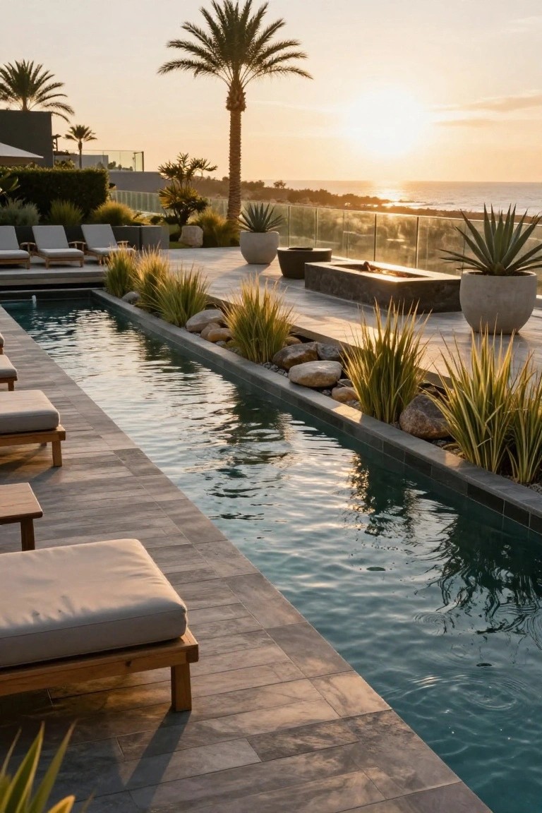 Rooftop terrace featuring a long narrow pool edged by lounge chairs on one side, grasses and rocks on the other, a central fire pit, potted plants, and a sunset ocean view beyond glass railings.