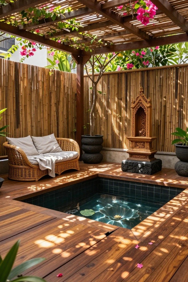 Wooden deck patio with a small sunken blue-tiled plunge pool containing a large lotus flower, rattan loveseat nearby, bamboo privacy fence, vine-covered pergola overhead, and potted plants.