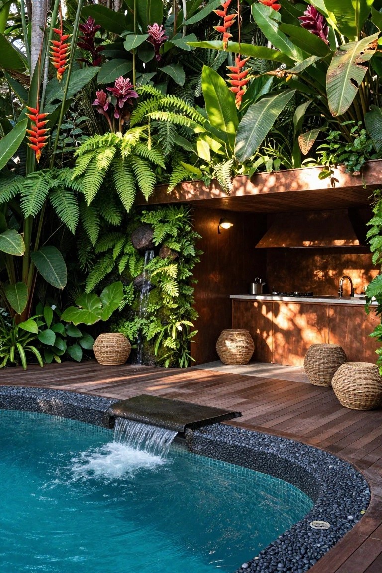 Wooden outdoor kitchen bar with woven stools next to a turquoise pool edged in black pebbles and wood decking, surrounded by dense tropical plants including ferns and heliconias, with a waterfall feature flowing into the pool.