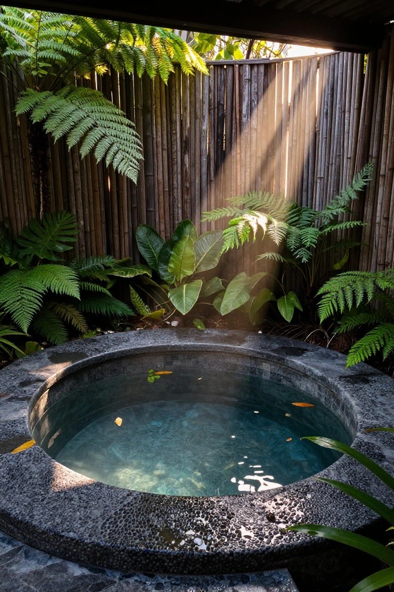 Circular black stone hot tub filled with clear turquoise water and a few floating leaves, surrounded by lush green ferns, broad-leaf plants, and vertical bamboo fencing in an outdoor garden enclosure.