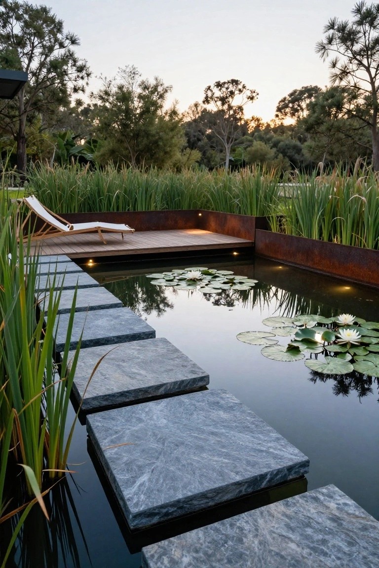Garden pond with white water lilies and reflections, large gray stone stepping pads spanning the water, surrounded by tall green reeds, corten steel edging, wooden deck with white lounger, and trees at dusk.