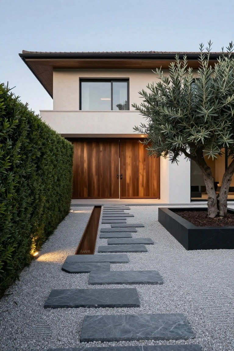 House exterior featuring double wooden entry doors next to white stucco walls, approached by irregular dark slate slabs set in white gravel with a central linear water channel, tall green hedges on one side, and a large olive tree in a black planter.