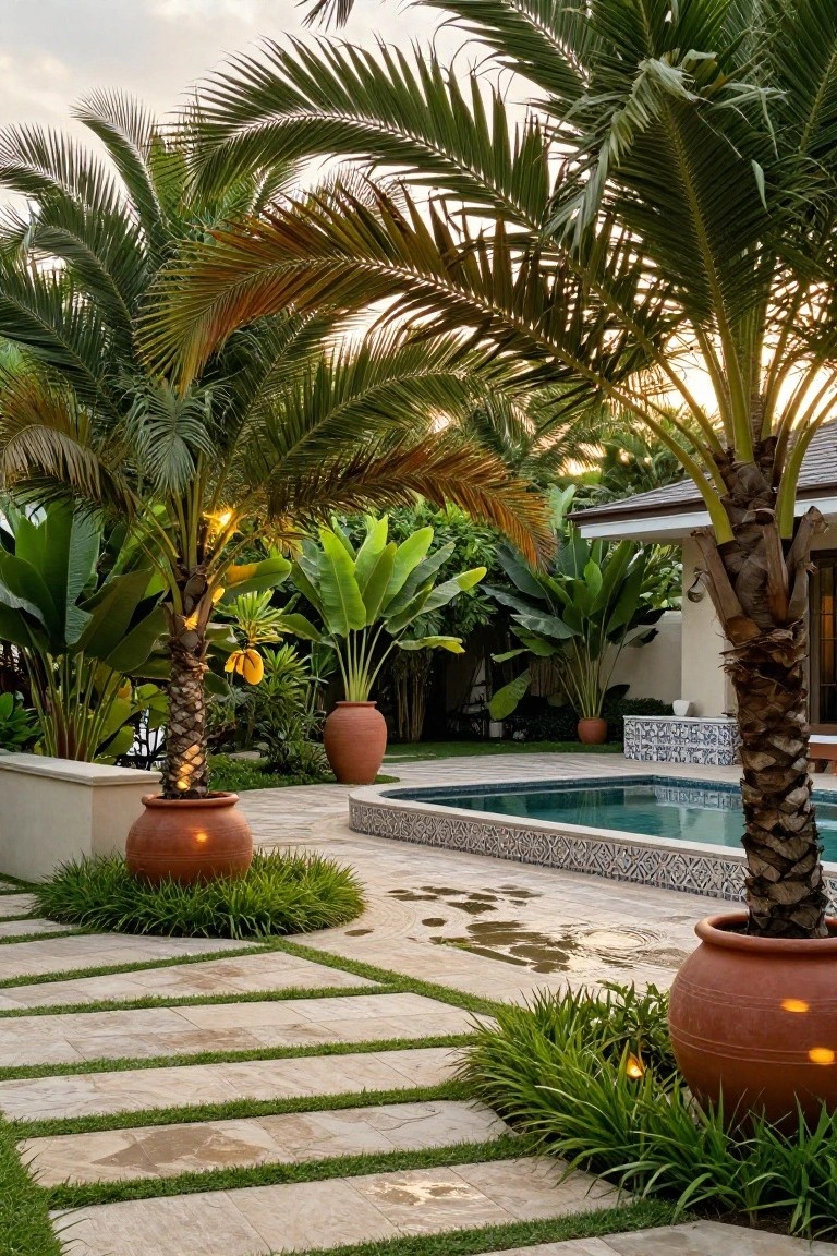Tropical poolside landscape with tall palm trees, large green-leafed plants, oversized terracotta pots, a turquoise-tiled curved pool, and a pathway of rectangular beige stone slabs separated by green grass strips.