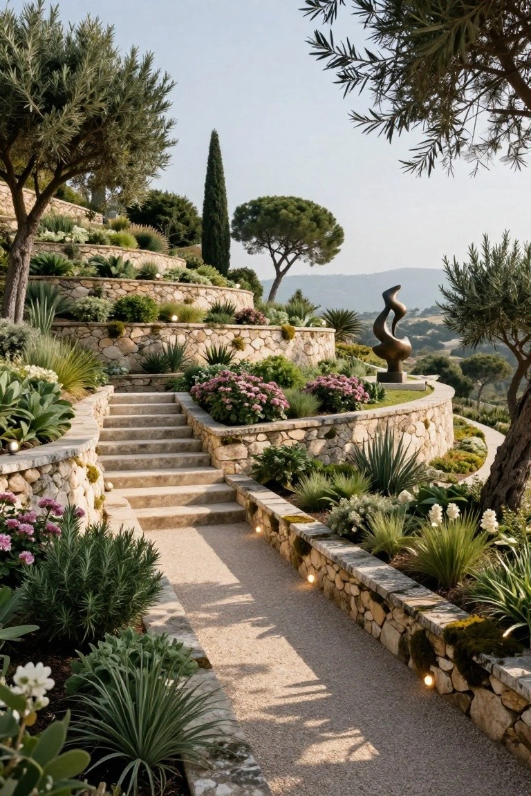 Terraced hillside garden with dry-stacked stone retaining walls, gravel pathways and steps, olive trees, succulents, lavender bushes, and a bronze abstract sculpture.