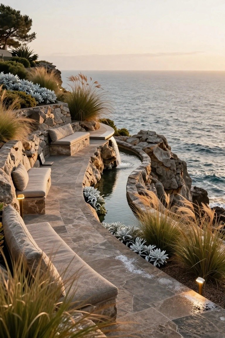 Terraced stone pathway on a coastal rocky slope with built-in beige cushioned benches, curving narrow water channel with fountain, ornamental grasses, and silver-leafed plants overlooking the ocean.
